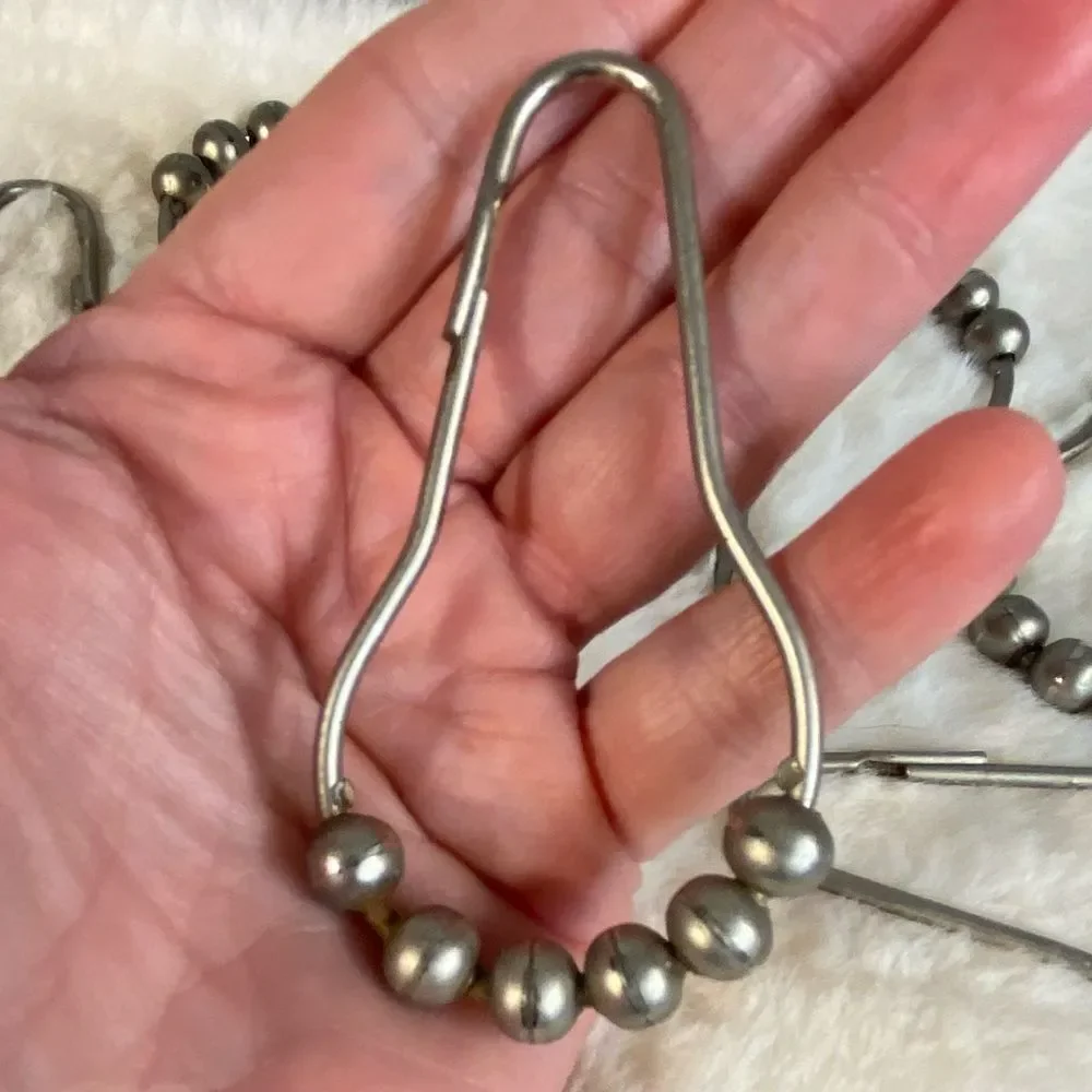 Shower Curtain Rings 12 Piece Set Stainless Steel Hooks Silver Beaded Hooks